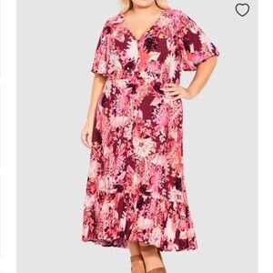 Avenue Plus Size 30/32 Maxi Sasha Fluter Sleeve Dress Pink Dahlia Floral Tiered.